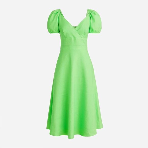 J Crew Puff Sleeve V-Neck Midi Stretch Linen Dress NWT - Picture 2 of 11